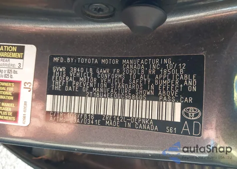 2013 Toyota Corolla Le из США, поврежденный, VIN 2T1BU4EE0DC968605